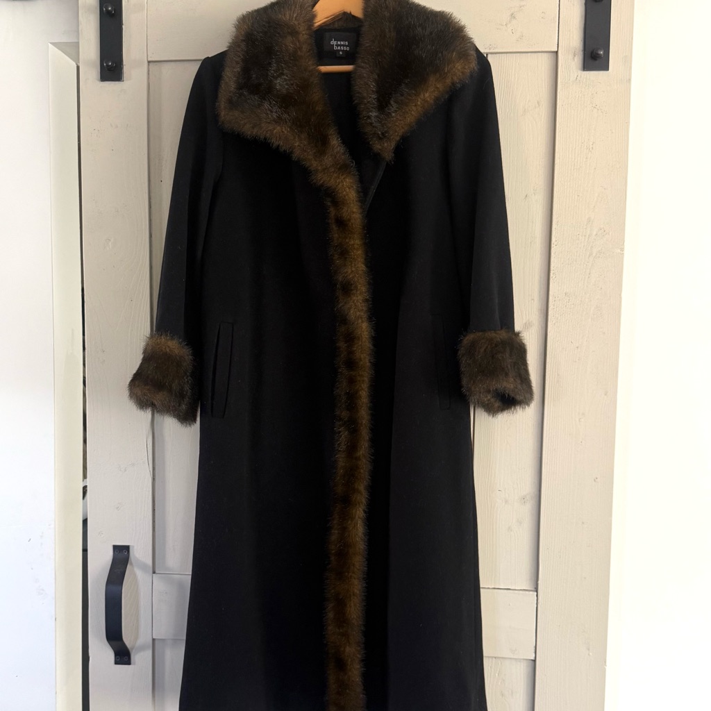 Dennis Basso Vintage Black Long Trench Coat With Brown Fur Trim